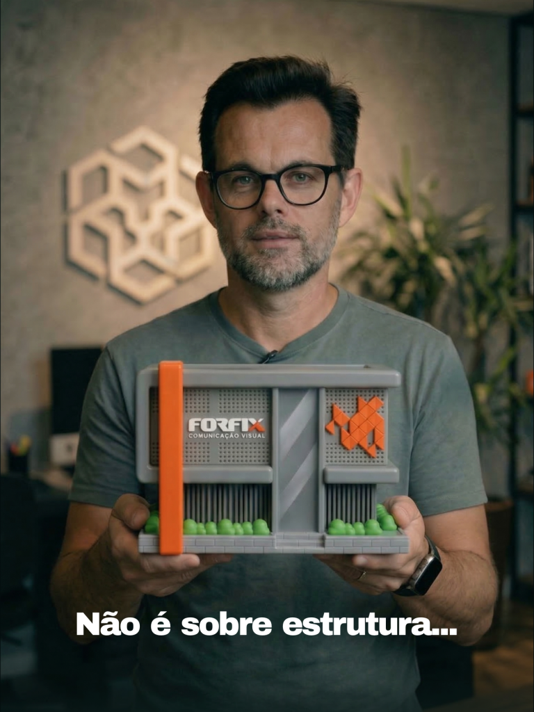 Maicol Souza segurando uma peça personalizada com a marca Forfix Comunicação Visual